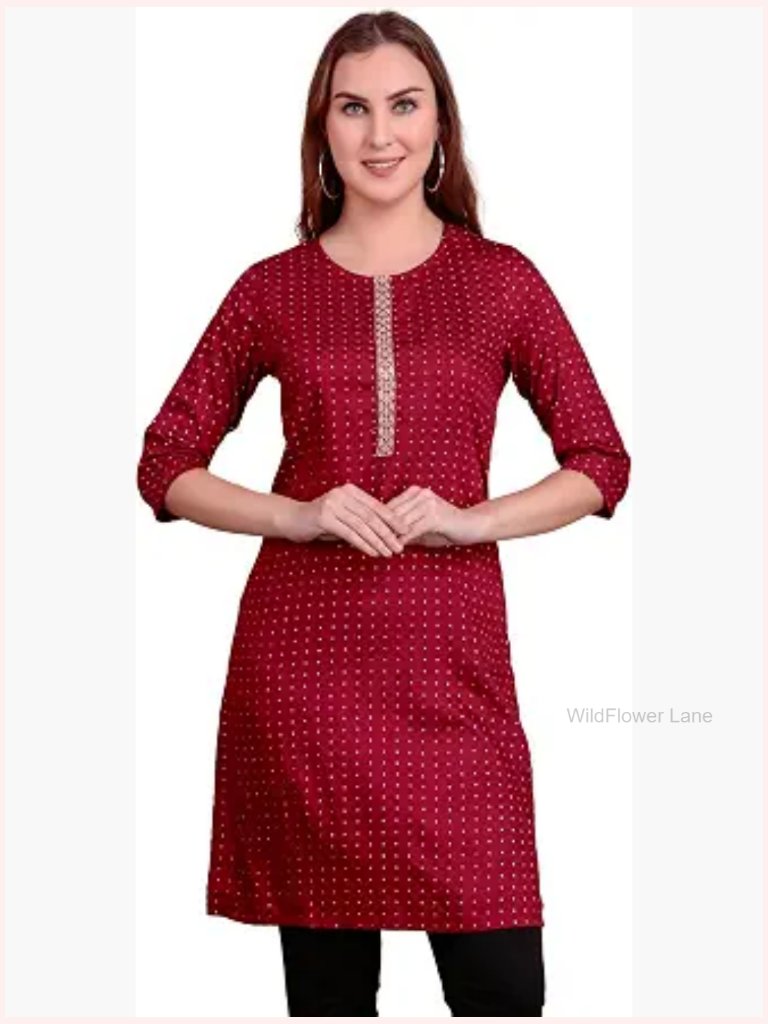 Jacquard Silk Tunic Top Brocade Gold Weaving Round Neck 3/4 Sleeve